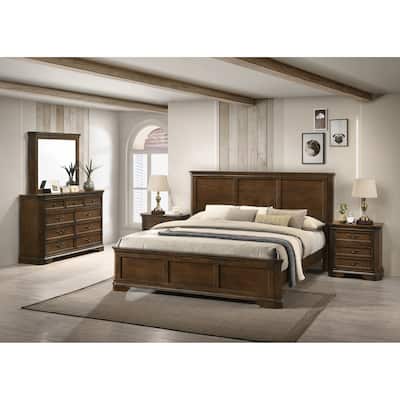 Maderne Traditional Wood Panel Bed with Dresser, Mirror, Two Nightstands, Queen size