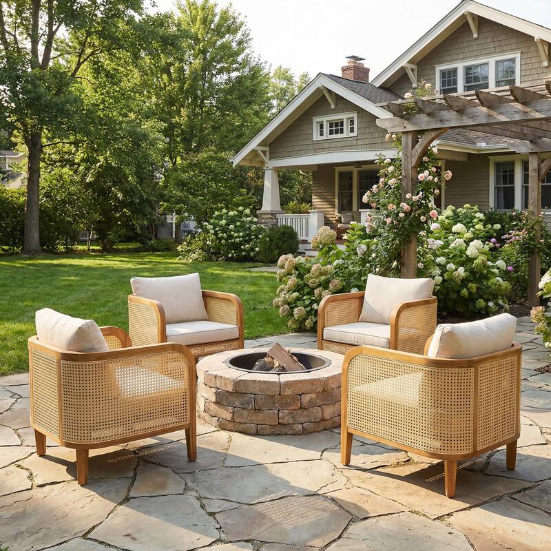 Roomfitters Kirkby Outdoor Acacia Wood Arm Chair with Wicker Back and Cushion, Teak Finish and Beige