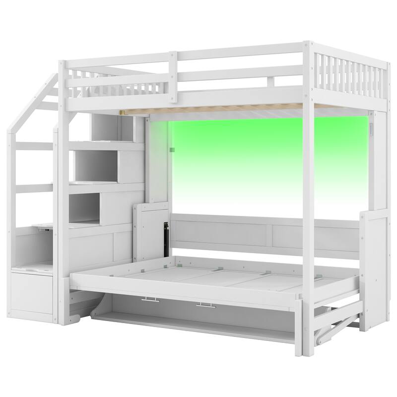 Full XL Loft Bed with Built-In Storage Staircase & Murphy Bed – Space-Saving Design with LED Lighting in White Finish