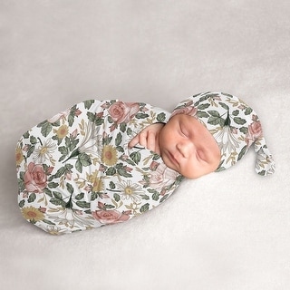 Vintage Floral Boho Collection Girl Baby Cocoon and Beanie Hat Sleep Sack - 2pc Set - Pink Green Shabby Chic Flower Farmhouse