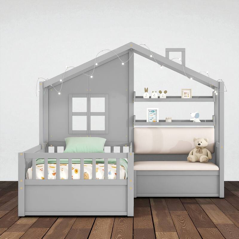 Twin House Bed with Sofa, Two Storage Drawers & Shelf, Kids Playhouse Platform Bed with Pine Wood Frame - Grey - Twin