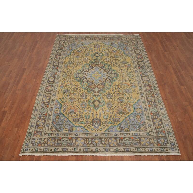 Hand Knotted Oriental 100% Wool Carpet Traditional Floral Yellow & Gold Tabriz Area Rug - 9' 4'' X 6' 5''