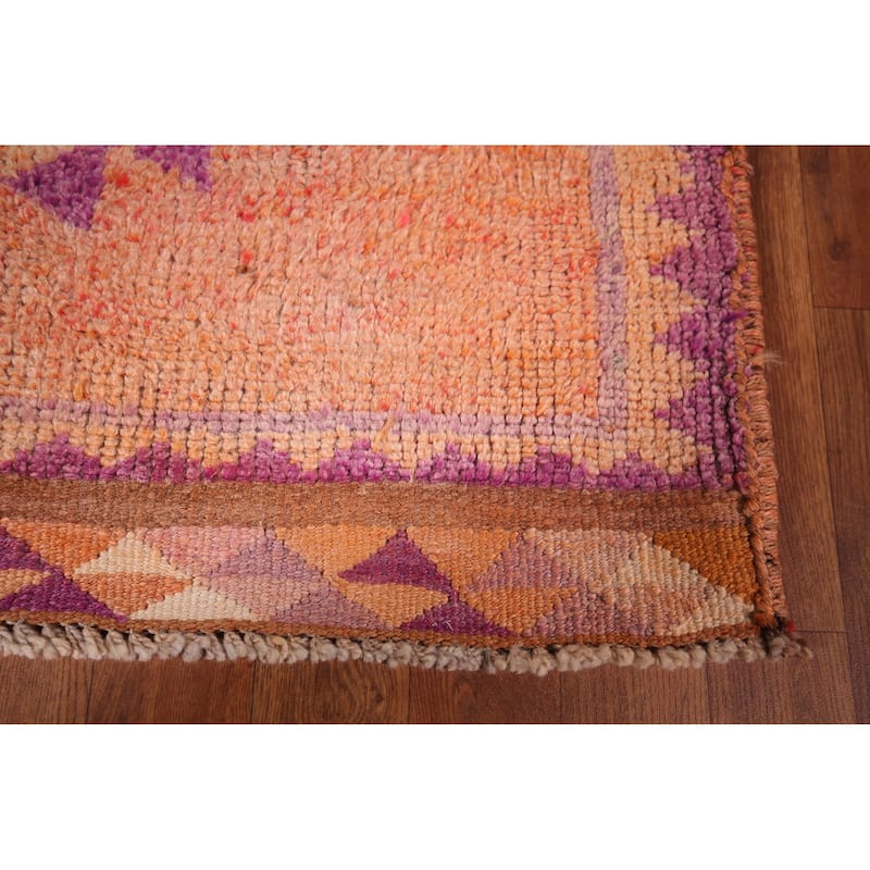 Geometric Oushak Oriental Vintage Runner Rug Hand-Knotted Wool Carpet - 3'6"x 10'4"