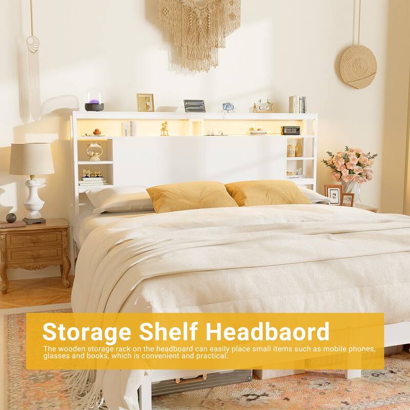 Headboards with Storage Shelves, Head Board with Power Outlet and LED Light for Bed Frame