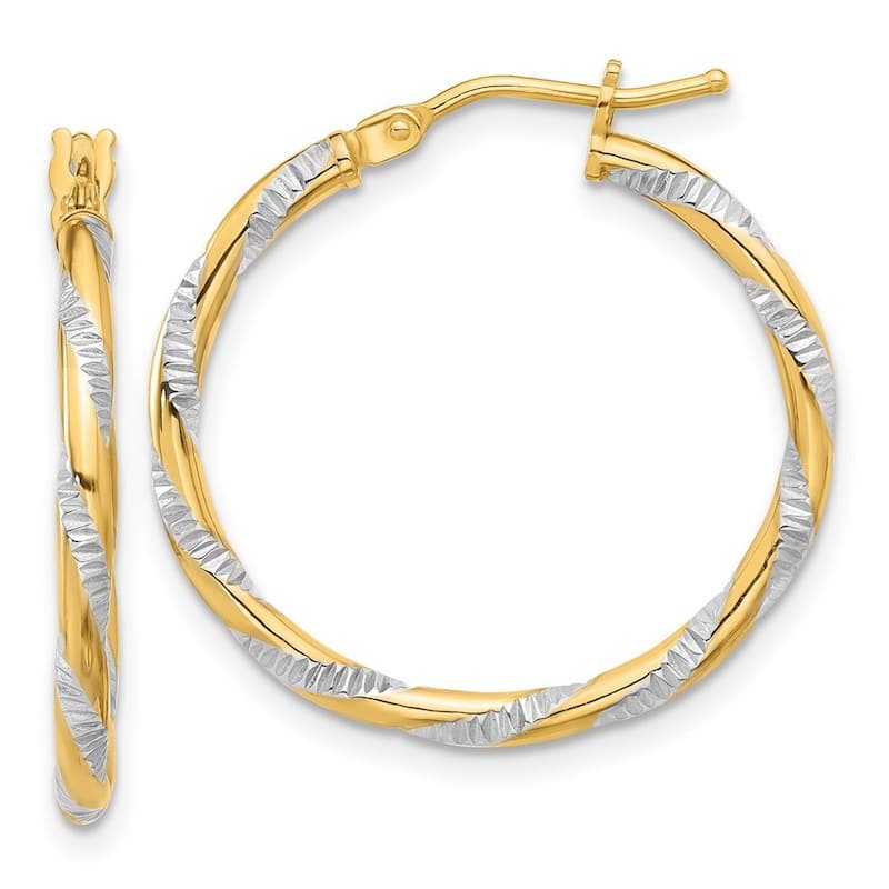 Curata 14k Yellow Gold White Rhodium Polished Diamond cut Hoop Earrings - 23.8x23.7mm