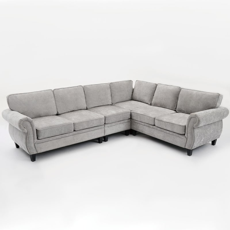 109.5" Chenille 6-Seater L-Shaped Sectional Sofa with Rivets Decorated Rolled Armrests,Cushions, and Wood Frame