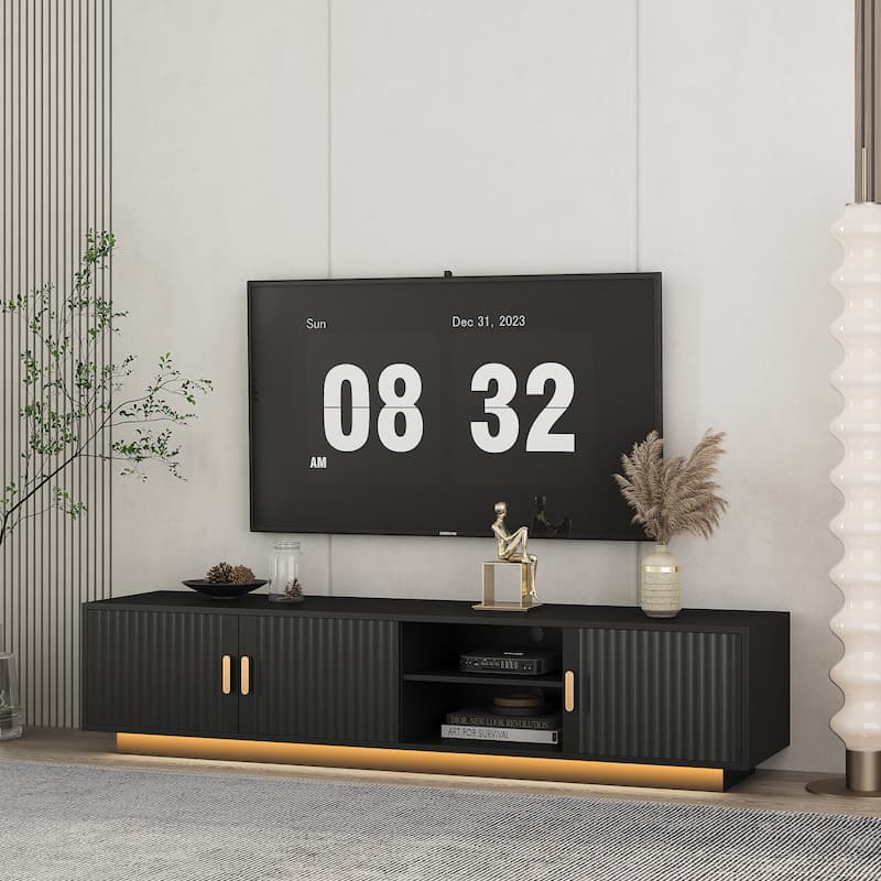 Black 65" Mid-Century TV Stand with LED Lights & Storage for TVs Up to 60"