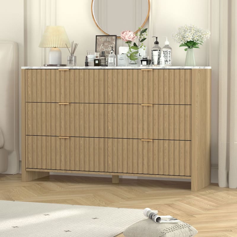 VEIKOUS 6-Drawer Dresser for Bedroom, Wooden Chest of Drawers with White Faux Marble Top - Brown