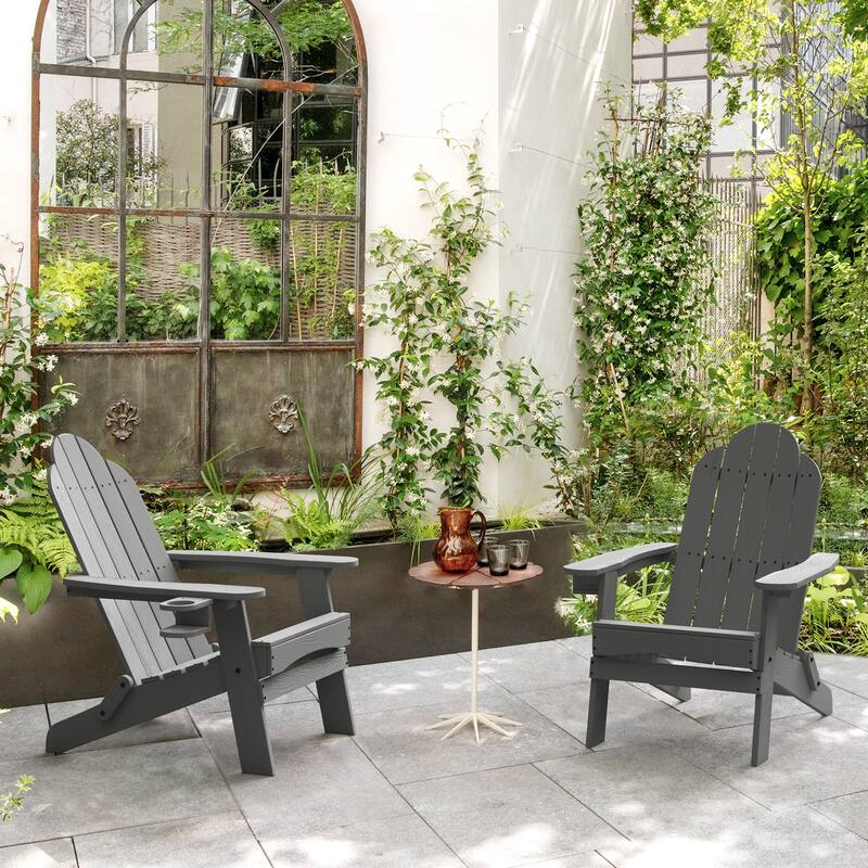 All-Weather Folding Plastic Outdoor Patio Adirondack Chairs With Cup Holder Set of 2 - 35"D x 30"W x 36.2"H - Dark Grey
