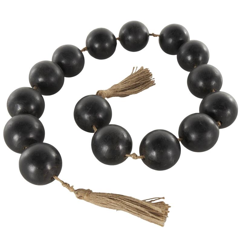 Brown Mango Wood Handmade Round Long Carved Beaded Beaded Garland with Tassel