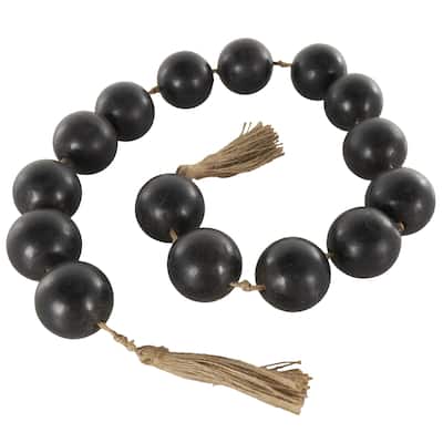 Mango Wood Handmade Round Extra Long Washed Orb Garland with Tassel - Brown, Black or White - Roche River Decor