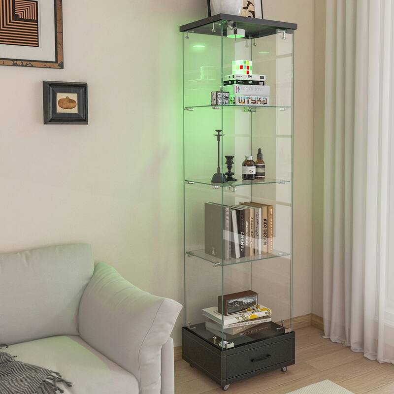 Modern Glass Display Cabinet with Drawer and LED lights for Living Room and Bedroom