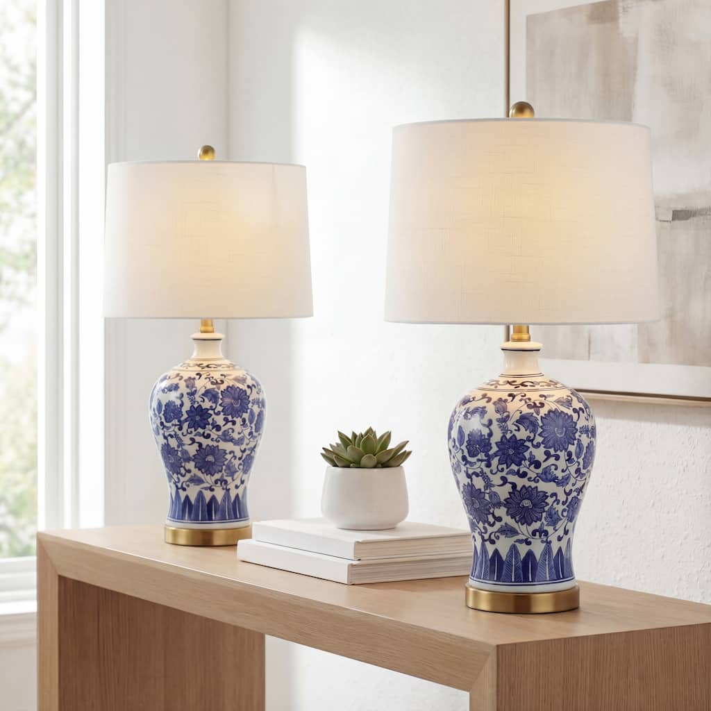 Allen 25.75" Ceramic/Metal LED Table Lamp, Blue/White (Set of 2) by JONATHAN Y
