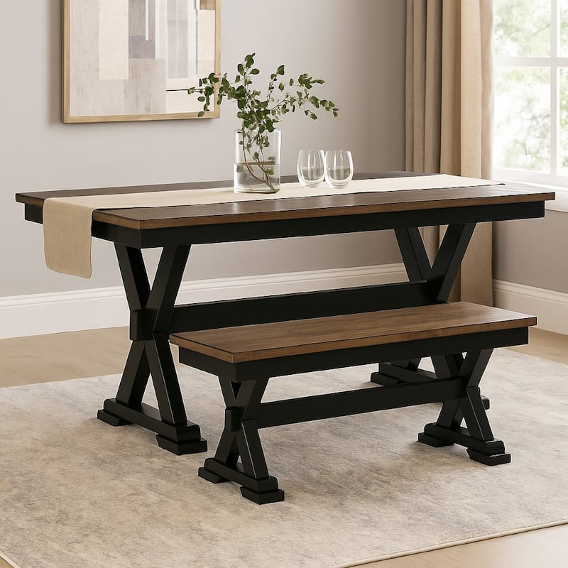 Fleur Large Dining Room Bench, 48 Inch Brown Seat, Black Wood Frame