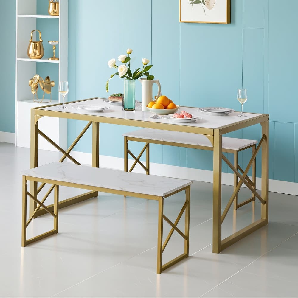 55" Dining Table with Benches Kitchen Table set for 4 Rectangular Dining Room Table Set with 2 Metal Wood Benches