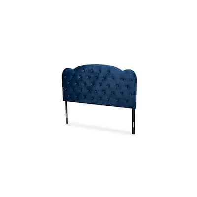 Navy Blue Velvet Fabric Upholstered Queen Size Headboard with Modern Wingback Design and Soft Foam Padding