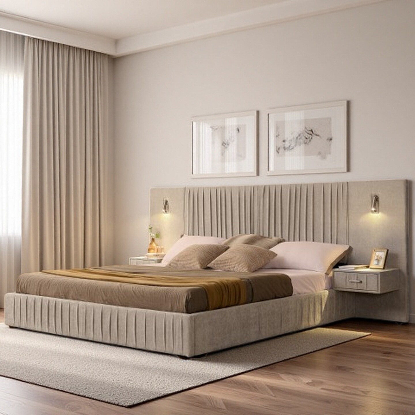King Size Upholstered Platform Bed with Pleated Chenille, Integrated Bedside Table and Adjustable Lamps, Solid Frame