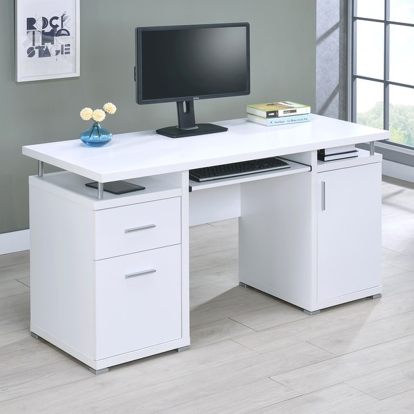 Floating white store desk with drawers