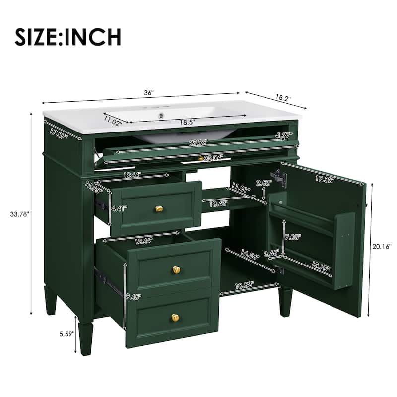 36 Inch Bathroom Vanity with Sink Top, Freestanding Storage Cabinet with 3 Drawers and Single Door, Modern Style