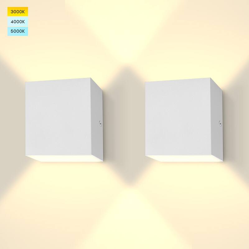 Luxrite Square LED Up and Down Wall Sconces Set of 2, Metal, 5CCT 2700K-5000K, 15W, 1000LM, IP65 Waterproof, ETL - White - 2700/3000/3500/4000/5000