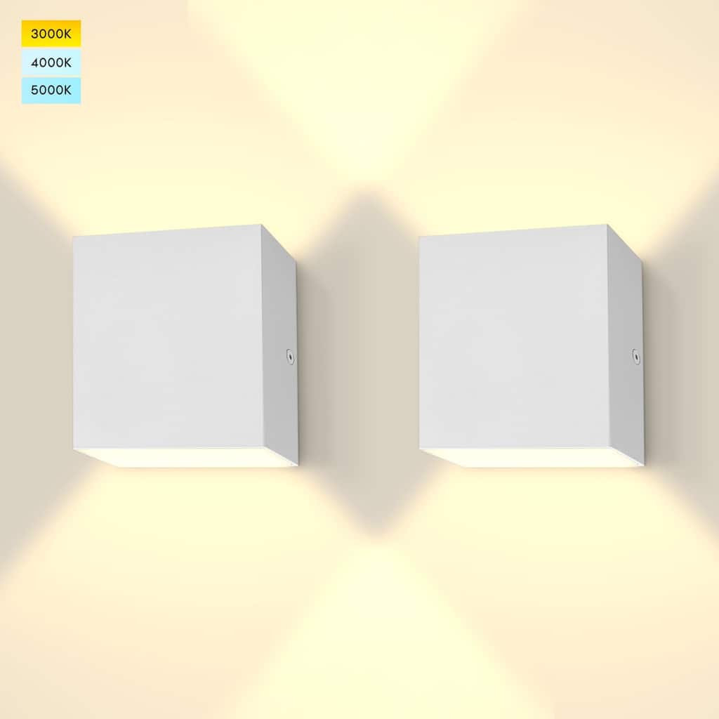 Luxrite Square LED Up and Down Wall Sconces Set of 2, Metal, 5CCT 2700K-5000K, 15W, 1000LM, IP65 Waterproof, ETL - White
