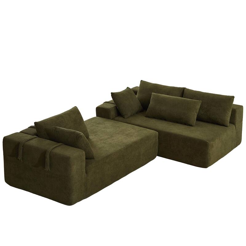 Chenille Upholstered Sectional Sofa Floor Modular Couch Bed L Shaped Sofa Set with 6 Pillows, 2pc Loveseat Chaise Lounge