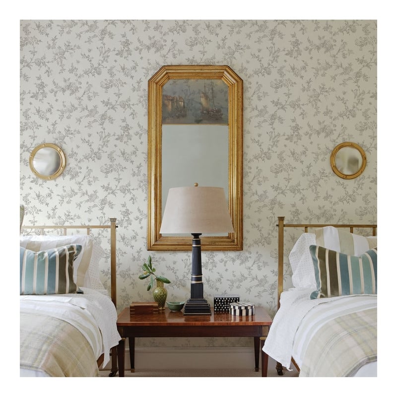 Chesapeake French Nightingale Taupe Floral Scroll Wallpaper - 20.5 x 396 x 0.025