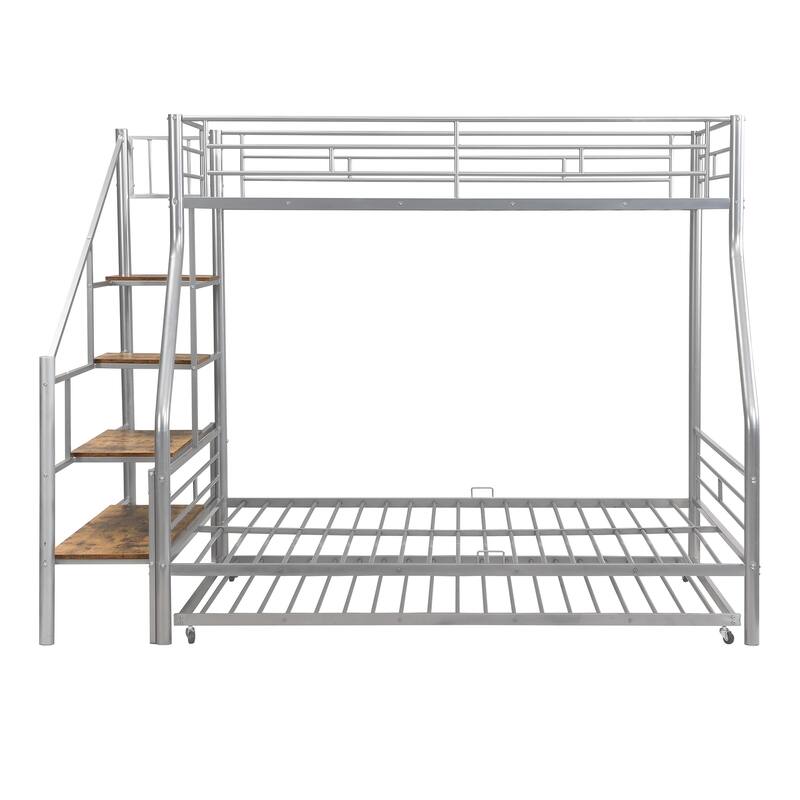 Twin over Full Size Metal Bed Frame with Storage Staircase and Full-Length Guardrail, Bunk Bed with Pull-out Trundle Bed