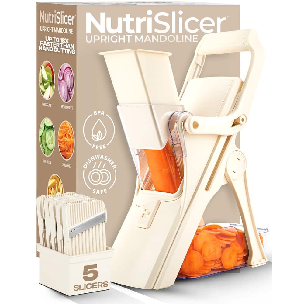 NutriSlicer Upright Mandoline Slicer - 5 Stainless Steel Blades, BPA-Free and Dishwasher Safe