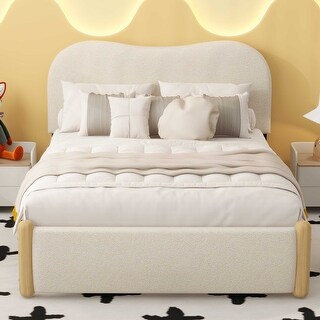 Full Size Upholstered Platform Bed with Wood Supporting Feet, Beige