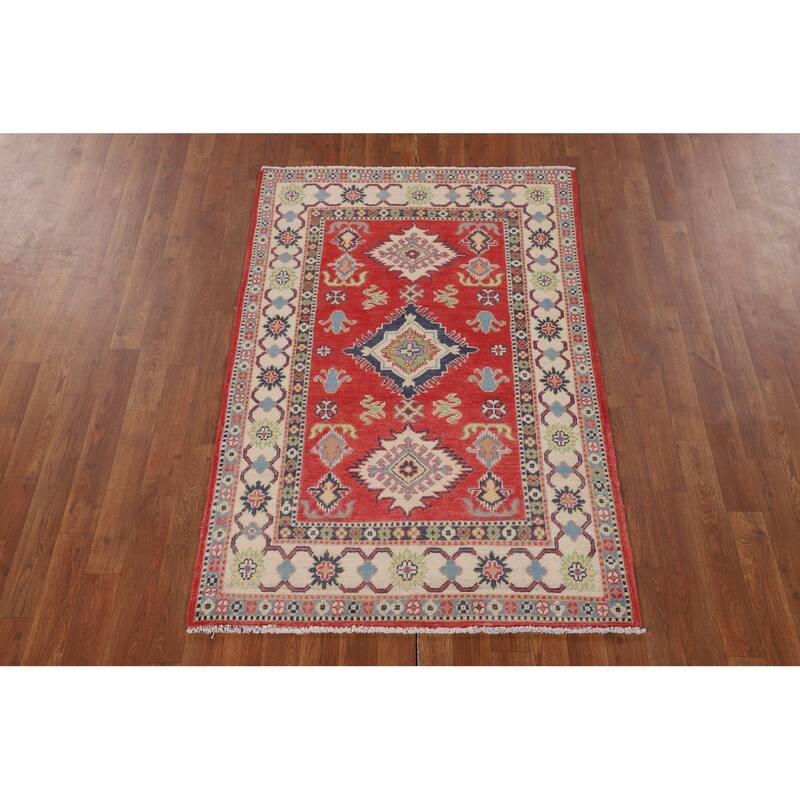 Geometric Kazak Accent Rug Handmade Red Wool Carpet - 3'4" x 5'0"