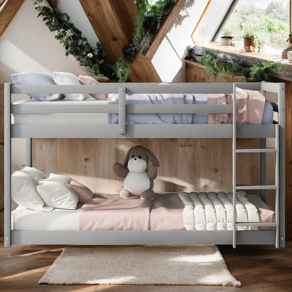 slide 2 of 12, Modern Twin Over Twin Stylish Simple Floor Bunk Bed With Ladder,Safety Design For Kids Grey
