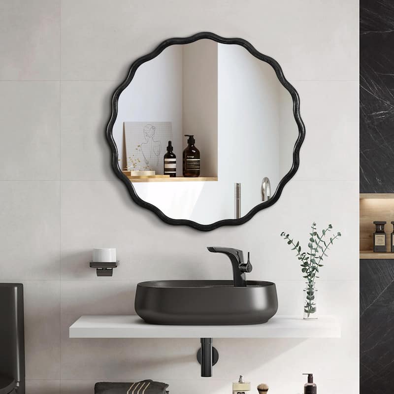 Solid Wood Wavy Round Mirror - Modern Wall Decor