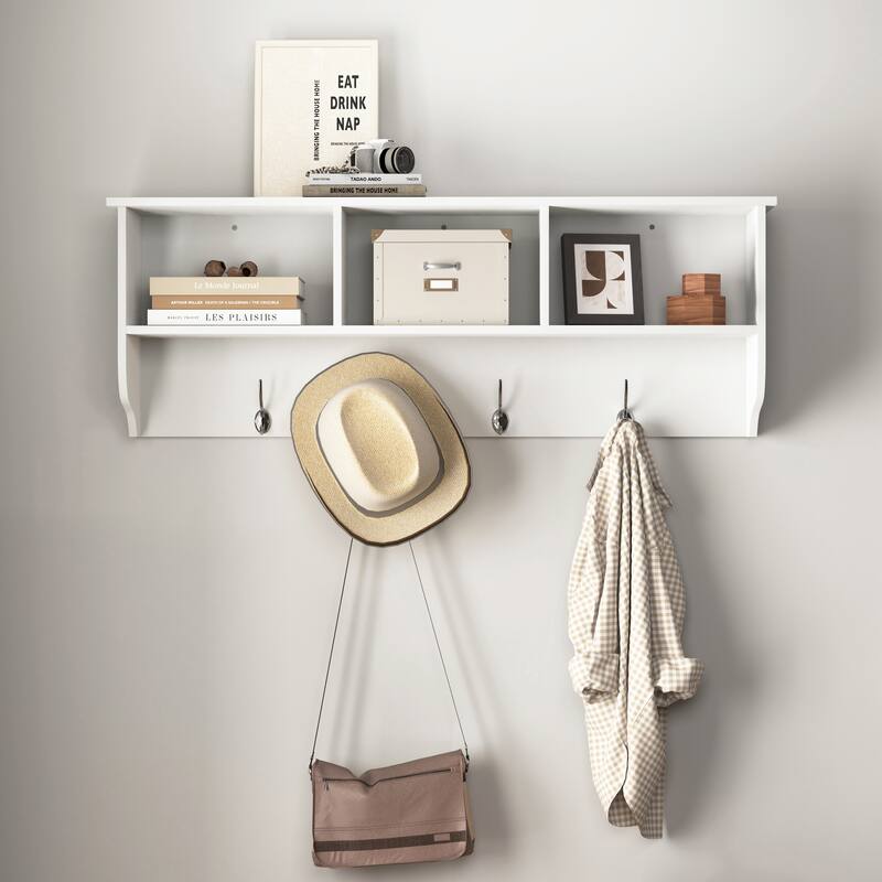 Anmytek White Wall Mounted Coat Rack 4 Dual Hooks Wooden Storage Shelf Entryway Living Room - White