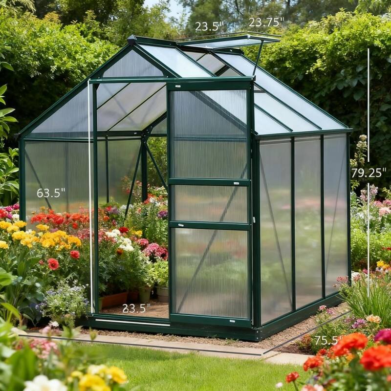GDFStudio - 6'x4' Outdoor Wooden Greenhouse with Polycarbonate Panels, Rain Gutter & Roof Vent - Green+Dark Green
