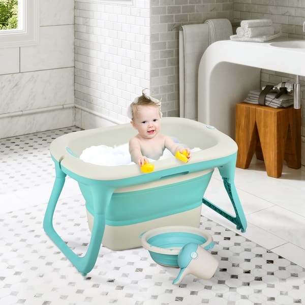 Qaba 4 In 1 Folding Baby Bathtub Washing Set With Safe Sucker Seat Non Slip Surfaces And An Easy Storable Design Green On Sale Overstock 31660544