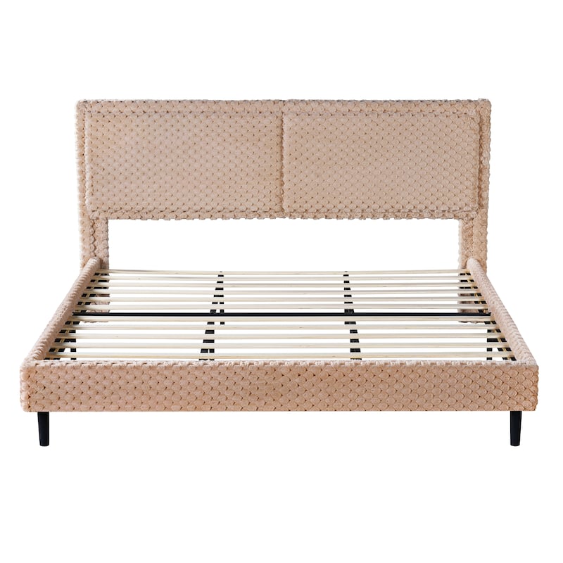 Upholstered King Bed with Plush Fabric and Padded Backrest Solid Wood Frame