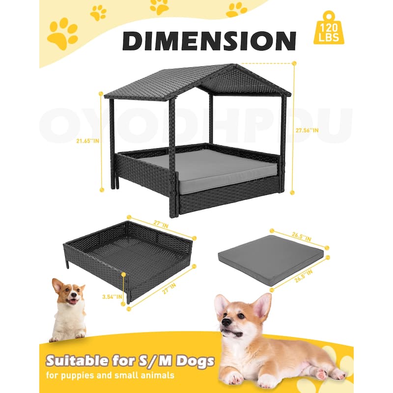 2 In 1 Wicker Pet Bed With Cushion and Canopy, Dog House