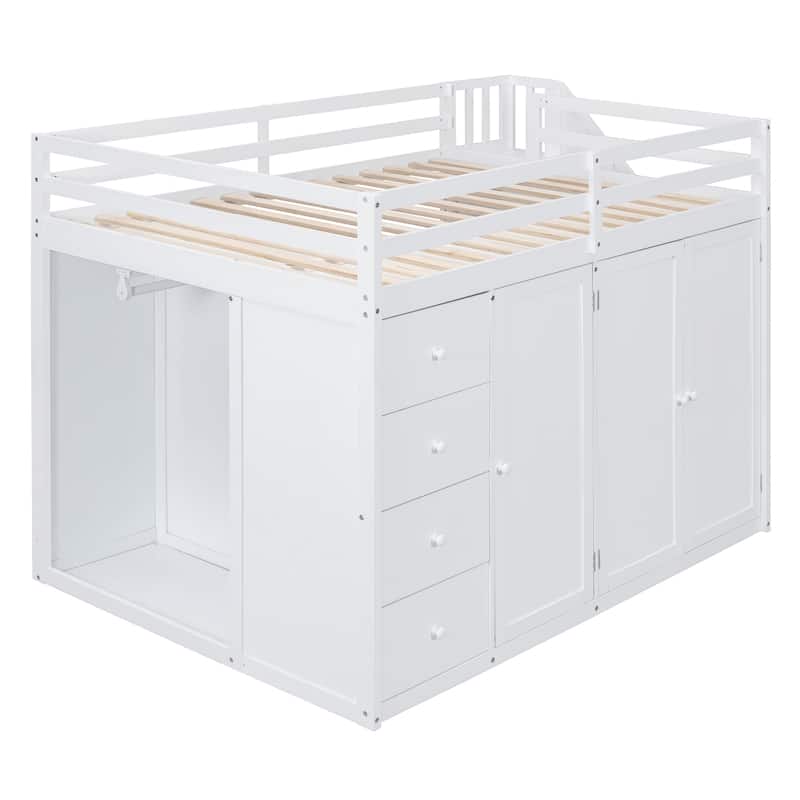 White Full Size Loft Bed with Built-in Wardrobes and Staircase, Space-Saving Design