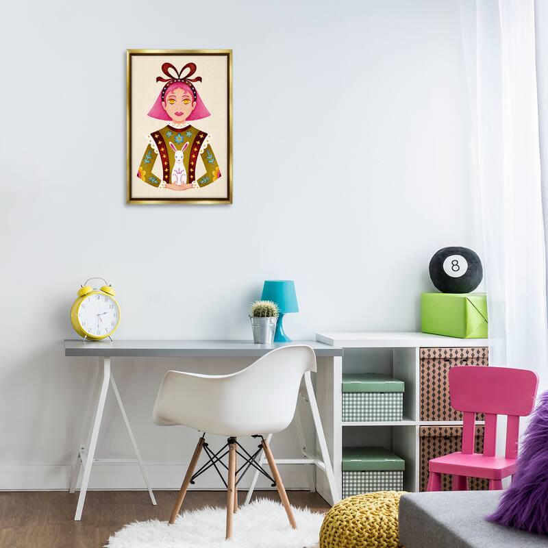 Stupell Pink Haired Girl & Bunny Framed Floater Canvas Wall Art Design By Hannah Moren
