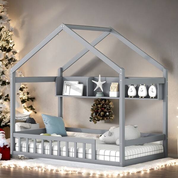 slide 2 of 9, Kids and Baby Twin Size House Bed with Fence and Roof with Storage Shelf Grey