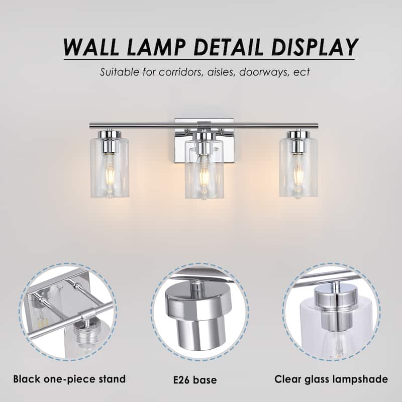 3-Light Wall Lights, Cylinder Bathroom Vanity Lights Glass Hallway Wall Sconces for Dining Room Living Room - W22.83"x H8.46"