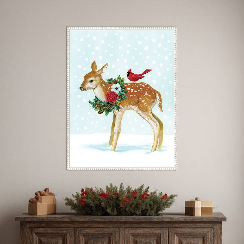 Winter Woodland Creatures with Cardinals II by Laura Marr (23 x 30 in.), Framed Canvas Wall Art Print - Sylvie Beaded White