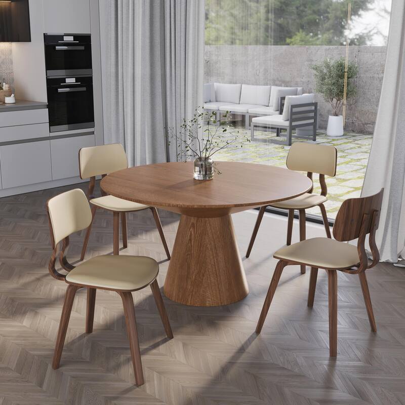 5-Piece Dining Set with 47-Inch Round Ash Wood Dining Table and 4 Leather Accent Side Chairs