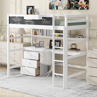 Solid Wood Loft Bed with Bulit-in Desk, Storage Shelf and 3 Drawers, Twin Size Loft Bedframe with Storage Box and Blackboard