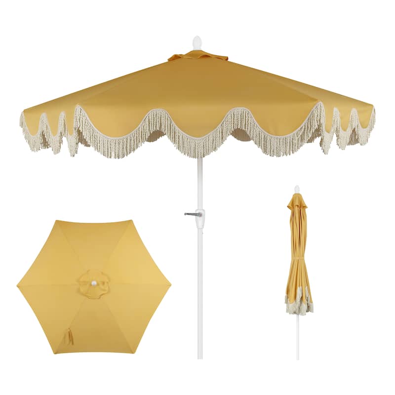 9ft Tassel Patio Umbrella Auto-Tilt, Crank , by JONATHAN Y