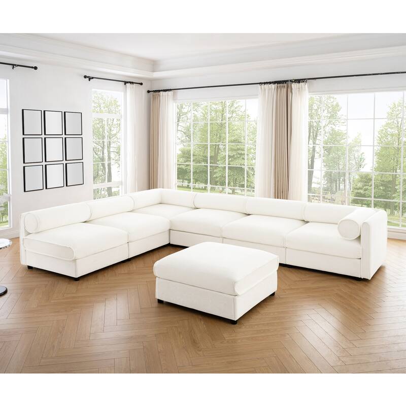 142.5" Chenille Modular Sectional Sofa (6-Piece) with Storage & Cylindrical Design - White