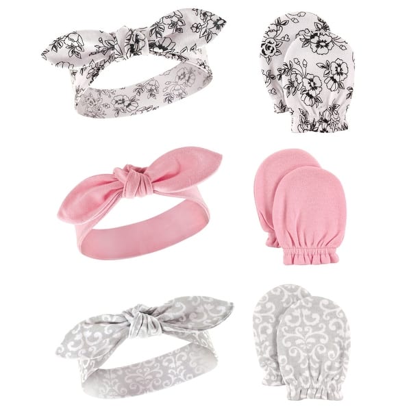 slide 1 of 1, Hudson Baby Infant Girl Cotton Headband and Scratch Mitten 6pc Set, Toile, 0-6 Months - Toile Toile - 0-6 Months