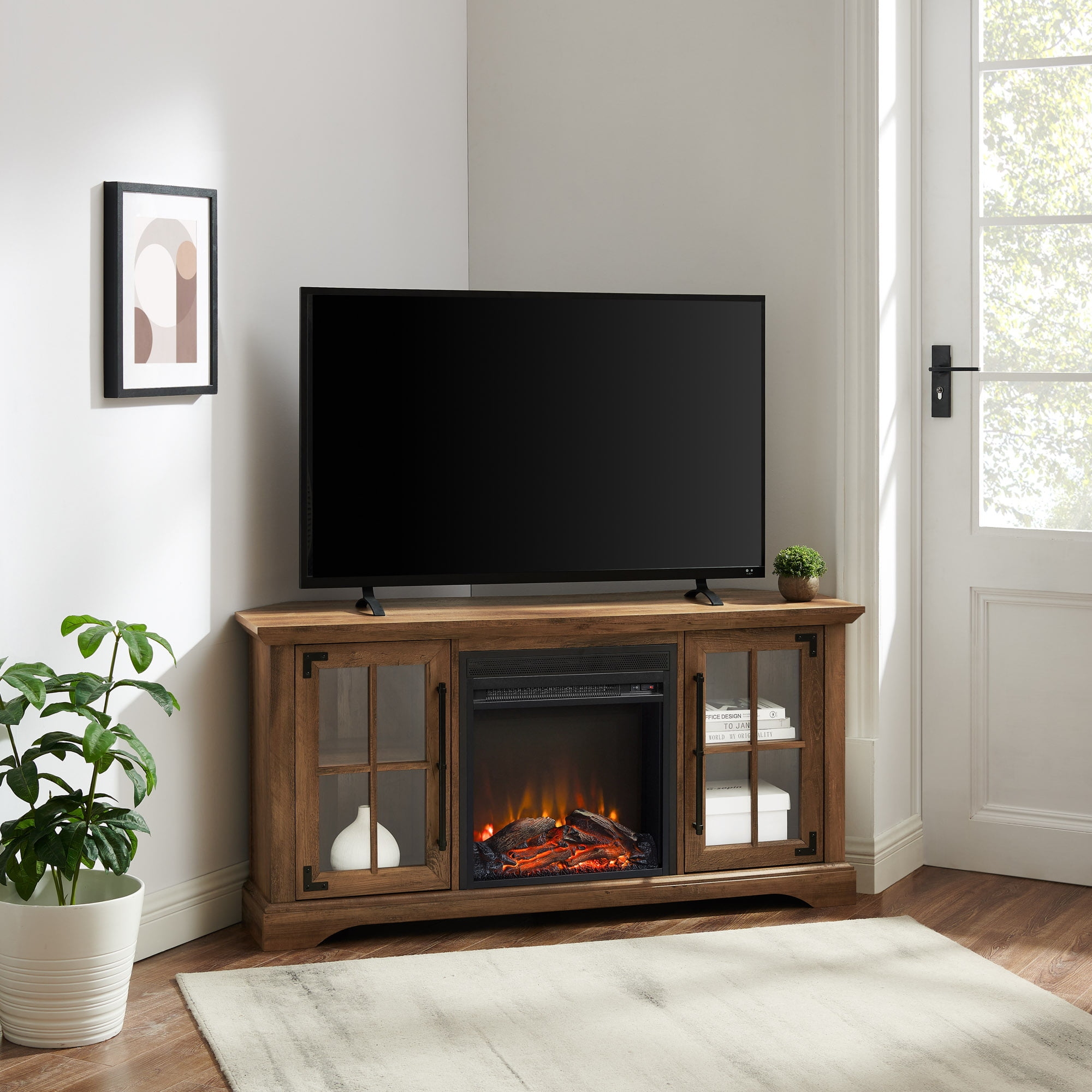Rustic corner fireplace discount tv stand