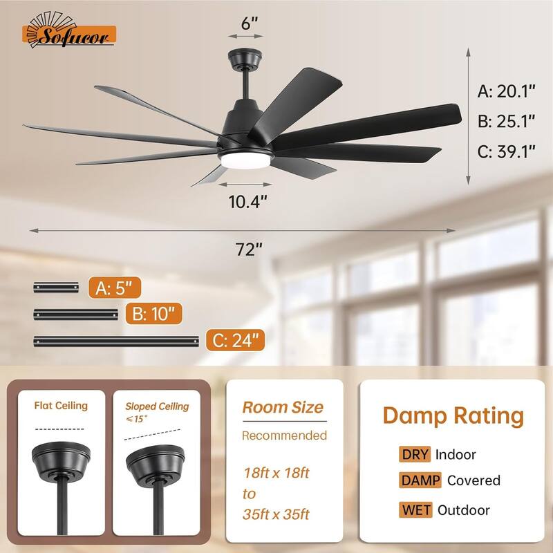 Sofucor 66/72"Smart Ceiling Fans with Lights,Indoor/Outdoor with Light and Remote,Compatible with Alexa/Google/App